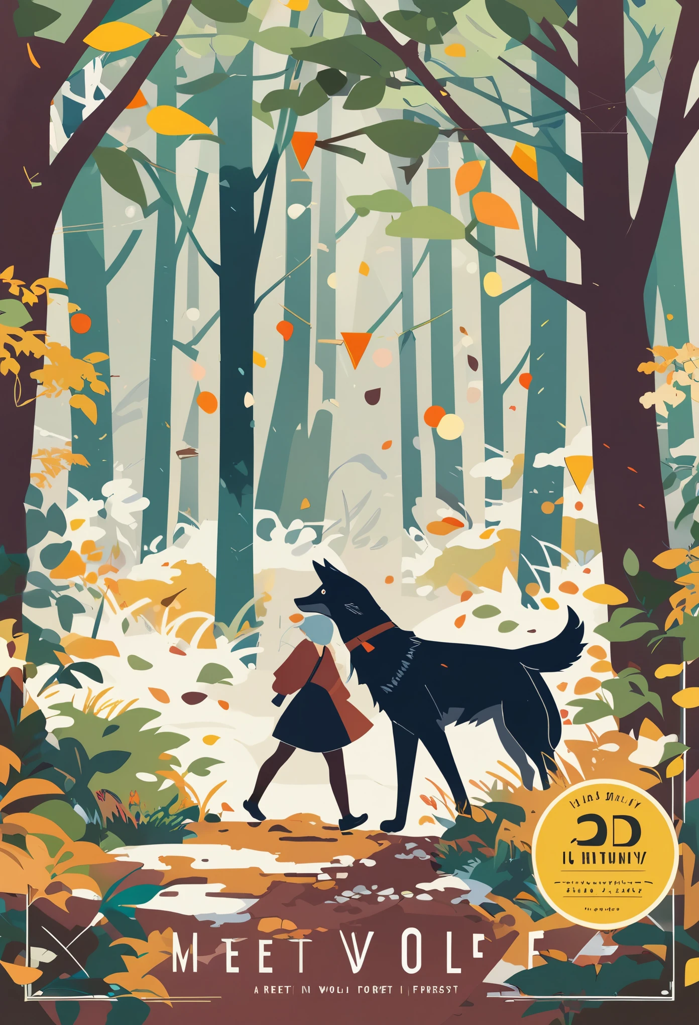 cover page, A girl and a wolf meet in the forest, flat Design, vector illustrations, graphic illustration, detailed 2d illustration, flat illustration, digital illustration, digital artwork,