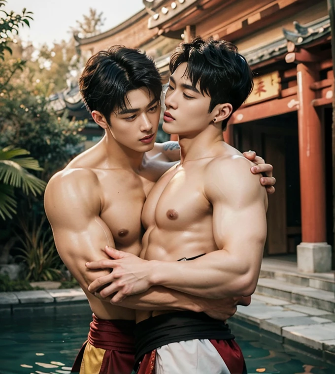 2 Handsome chinese guy fucking, having sex, smilling at each other, full naked , anal sex, show the penis, penetrate, 20 years old,hug, cuddle, touching lips, skin ship, romantic, Asian, chinese hansome actor, kpop idol, handsome male model,manly, master work, best picture quality, higher quality, high detail, super high resolution, 8k resolution, perfect eyes, perfect skin, manly jawline, manly chin, perfect hands, big chest muscles, bare chest, big juicy butts, tattoos chest, tattoo hands, tattoo legs, tattoo back, tattoo arms,earings, ancient pendents, braceles, glowing eyes, short hair, hair details, detailed background , open Hanfu transparent (see throught), super sexy loincloth, naked, long big erection dick, detailed perfect dick shape, masturbate, Chinese garden background, Chinese kung fu, dragon-themed costumes, monk robes, spinning floating particles, chinese temple in background,