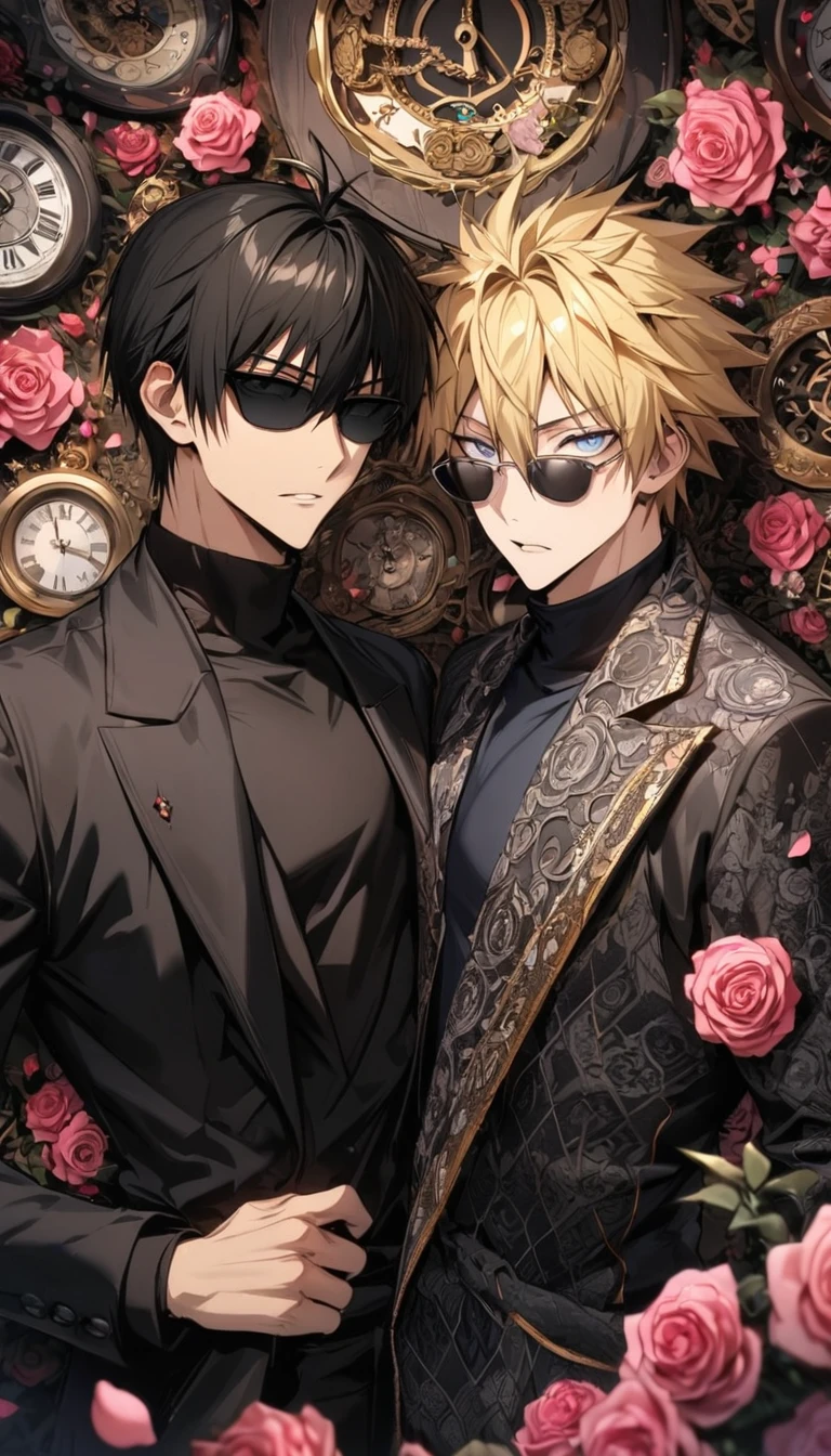 absurdres, highres, ultra detailed, HDR, masterpiece, extremely detailed face and eyes, perfect face, Wolfwood, black straight hair with bangs, expressive grey eyes, black sunglasses, Trigun, Vash Stampede, blond spiky hair, expressive blue eyes, two men together, gay couple, handsome, black coat, tight black shirt, patterns, pink roses, petals, in woderland, clock