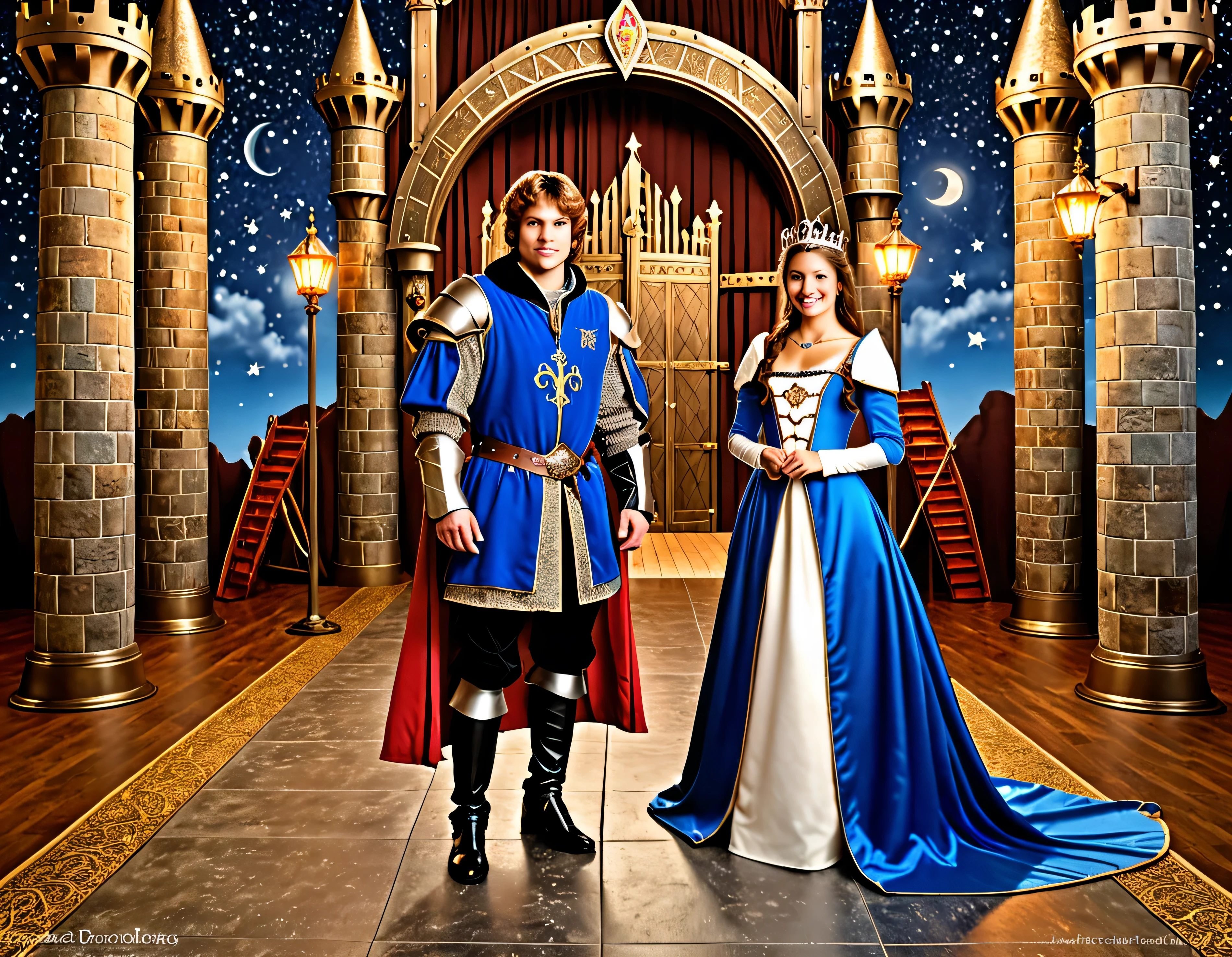 A (((fantasy prince))) and a personalized princess together in a (((video studio))), with a customized film studio backdrop featuring (((medieval-themed elements))) like personalized maces, drawbridges, and starry night skies, advanced studio lighting and equipment like cams and video recording lights,hdr, masterpiece. ultra resolution.