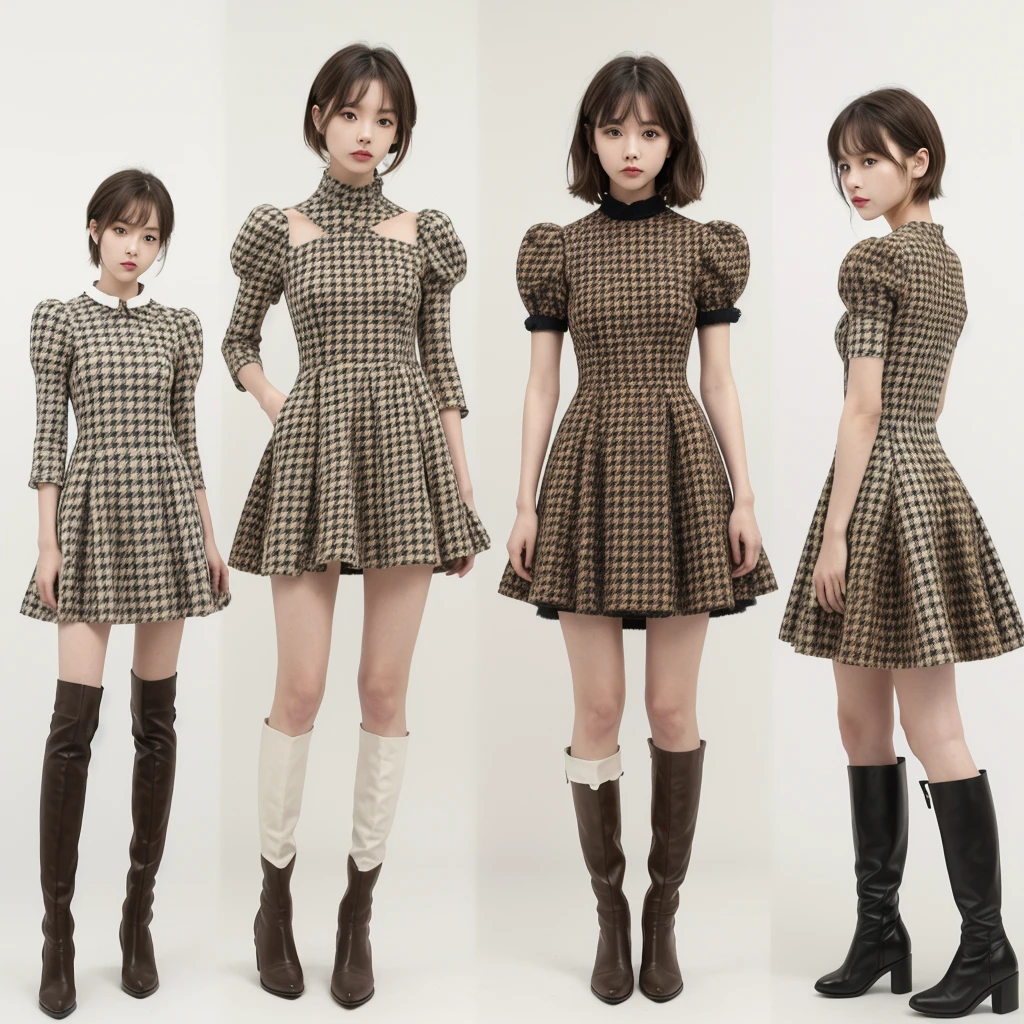 Standing in front of the viewer、masterpiece、Very detailed、Surreal、Watercolor and ink painting、high waist、Brown and dark brown houndstooth A-line dress、Dark piping、Puff sleeves、Super detailed、super beautiful、white straight short hair、Knee-high boots、Young woman dancing wearing、lean muscular body、Perfect Eyes Eyes、chara-sheet,Symmetrical、