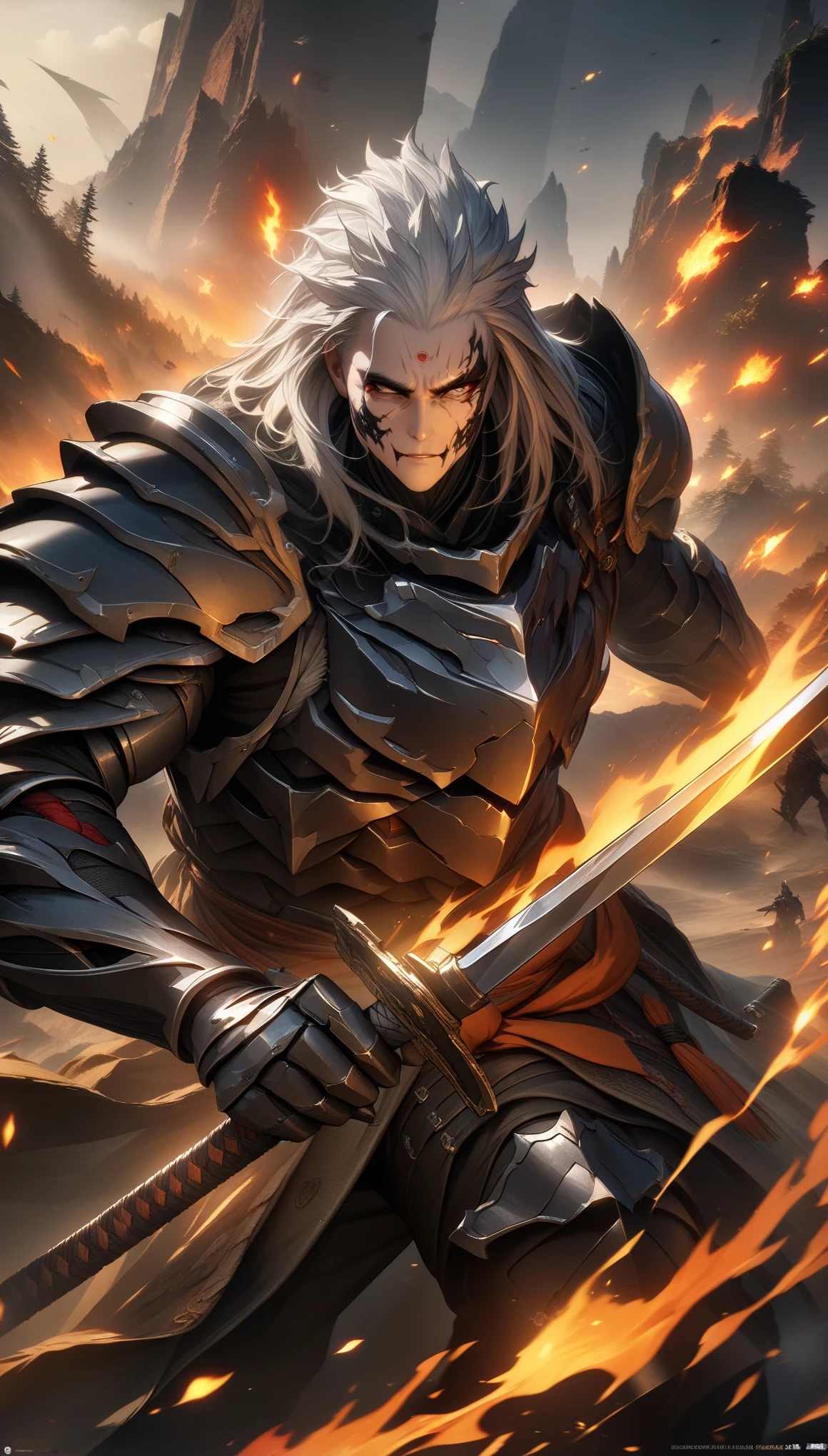 32k, best quality, ultra high res, HDR, UHD, extremely detailed CG, unity 32k wallpaper, ((Ultra-fine illustrations, 8k, masterpiece :1.2, Sharp focus :1.2, Depth of written boundary:1.2)), beautiful swordsman, Disorganized, Highly detailed face and skin texture, Silver Hair, Jet Black Armor, Flame Armor, cloak wrapped in flames, sword wrapped in flames, Wings of Fire, Determination to overcome sadness, There&#39;s a sign of determination in your gentle eyes , strong soul, 