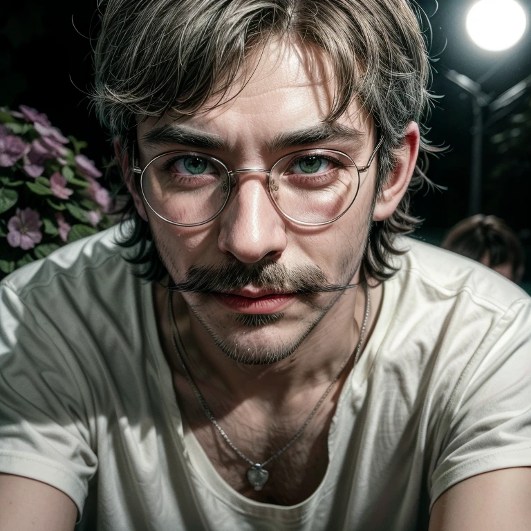 Masterpiece, best, night, full moon, 1male, mature man, man with mustache, glasses, tshirt,silver necklace, brother, royal brother, smile,short hair cut, green pupils, hairpin, hydrangea, delicate face, face close-up.