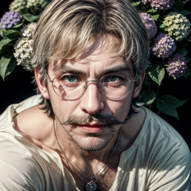 Masterpiece, best, night, full moon, 1male, mature man, man with mustache, glasses, tshirt,silver necklace, brother, royal brother, smile,short hair cut, green pupils, hairpin, hydrangea, delicate face, face close-up.