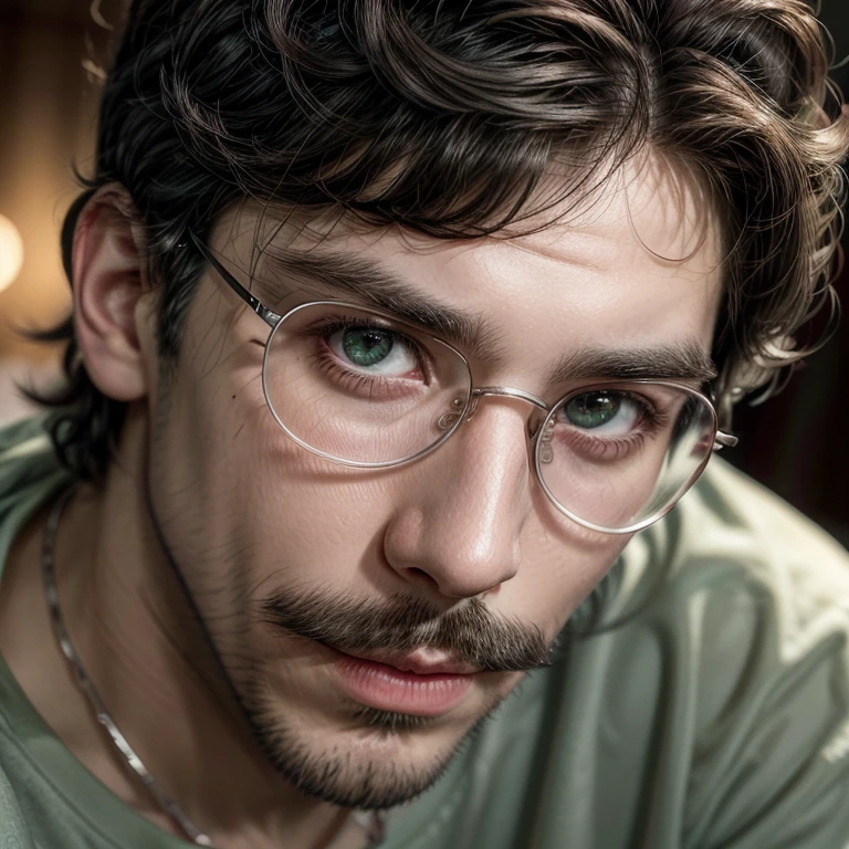 Masterpiece, best, night, full moon, 1male, mature man, man with mustache, glasses, tshirt,silver necklace, brother, royal brother, smile,short hair cut, green pupils, hairpin, hydrangea, delicate face, face close-up.