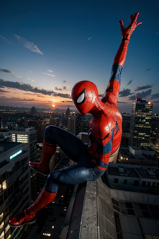 Spiderman dando la espalda desde un edificio de noche