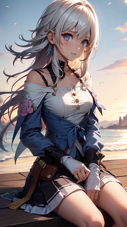 (Obra maestra), mejor calidad, ojos expresivos, cara perfecta, 1 chica, solo, seventh of march, blue eyes, pelo entre los ojos, pelo medio, ojos rosados, cabello rosado, ojos de dos tonos, ankle botas, guante de tiro con arco, Insignia, piernas desnudas, black gargantilla, black corset, calzado negro, black guantes, blue chaqueta, blue Falda, botas, button Insignia, botones, gargantilla, clavicle, corset, pendientes, adorno de flores, guantes, high heel botas, tacones altos, chaqueta, joyas, mangas largas, miniFalda, partially fingerless guantes, pleated Falda, camisa, single earring, unique glove, Falda, correa del muslo, tied chaqueta, debajo del busto, white camisa, sonriente, Ciudad, Fondo, futuristic Ciudad, sentado en el suelo, Rodillas arriba, parte superior del cuerpo, retrato, mirando al espectador