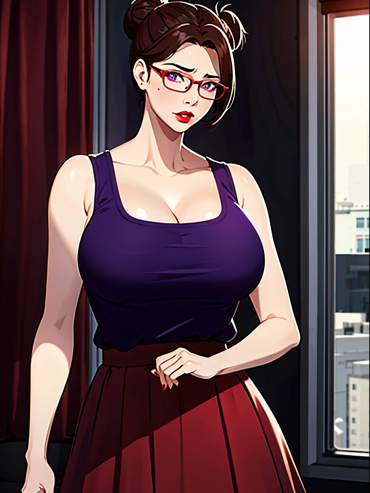 masterpiece:1.5, best quality:1.5, Aesthetic, 1 Girl, Side lock, Movie Lighting, Sharp focus,Large Breasts , Mature female, ,16K, Glowing eyes, Detailed 4k eyes, playground,lure, wear glasses, Sexy lips, Open your mouth,Delicate lips, Red lips, High Detail Background,((Big purple eyes)), Delicate face,Glowing skin, Aunt Joanv3,Aunt Joan,Hair Bun, Bangs, Messy hair, skirt,red skirt, sleeveless skirt, clavicle,pajamas