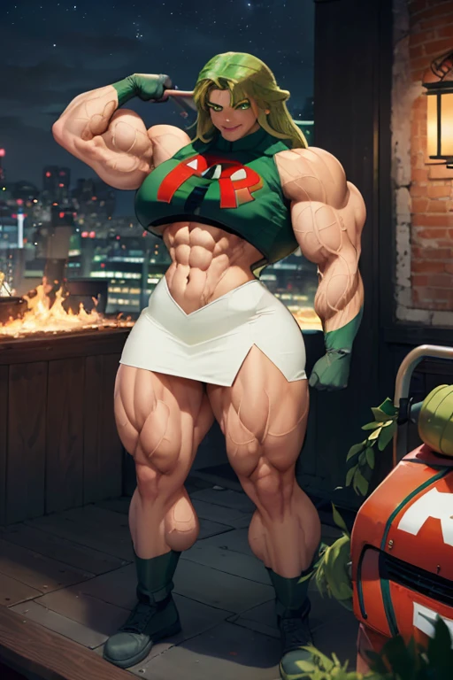 (((((Massive tall, beautiful, buff, brown skinned muscular goddess woman with green hair, ginormous bulky muscles and wearing a sleeveless team rocket uniform with skirt))))), close view, (massive muscles), massive biceps, hyper muscle shoulders, (ginormous muscular arms), vascular shoulders, hyper muscle triceps, (curvy long hair), orange eyes, choker, black thigh high boots, (on the rooftop), confident smile, night, hyper vascular arm, hyper muscles arms, hyper muscle legs, (ginormous arms).