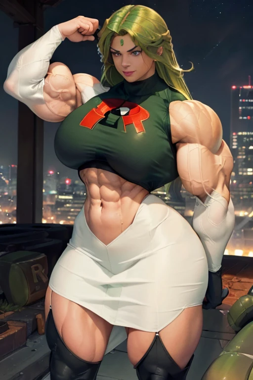 (((((Massive tall, beautiful, buff, brown skinned muscular goddess woman with green hair, ginormous bulky muscles and wearing a sleeveless team rocket uniform with skirt))))), close view, (massive muscles), massive biceps, hyper muscle shoulders, (ginormous muscular arms), vascular shoulders, hyper muscle triceps, (curvy long hair), orange eyes, choker, black thigh high boots, (on the rooftop), confident smile, night, hyper vascular arm, hyper muscles arms, hyper muscle legs, (ginormous arms).