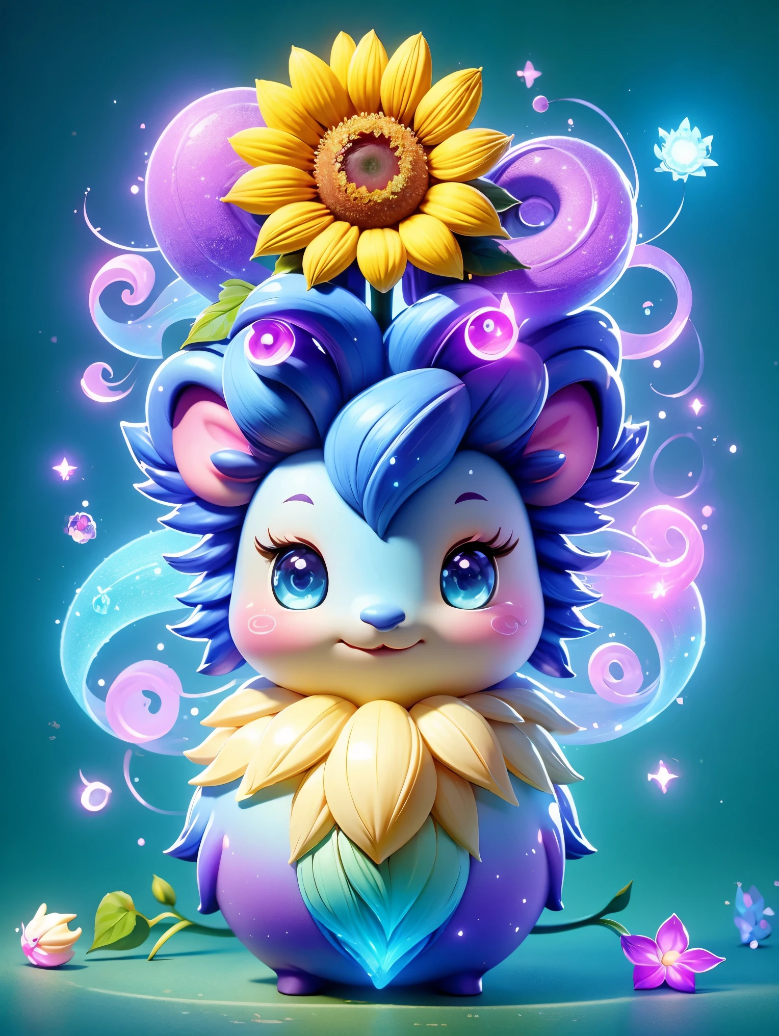 Chalk color style，(Glowing magical cute sunflower，The stamen is a cute little face)，8k，Rainbow Colors，Kawaii，cute big breasts，Digital art，high quality，Very detailed, Chalk color