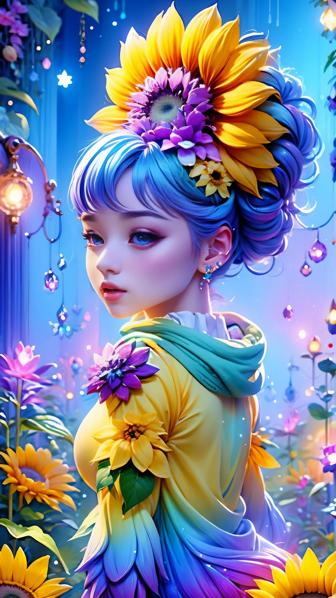 Chalk color style，(Glowing magical cute sunflower，The stamen is a cute little face)，8k，Rainbow Colors，Kawaii，cute big breasts，Digital art，high quality，Very detailed, Chalk color