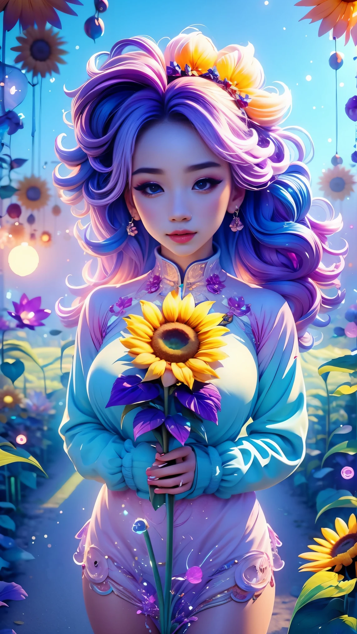 Chalk color style，(Glowing magical cute sunflower，The stamen is a cute little face)，8k，Rainbow Colors，Kawaii，cute big breasts，Digital art，high quality，Very detailed, Chalk color