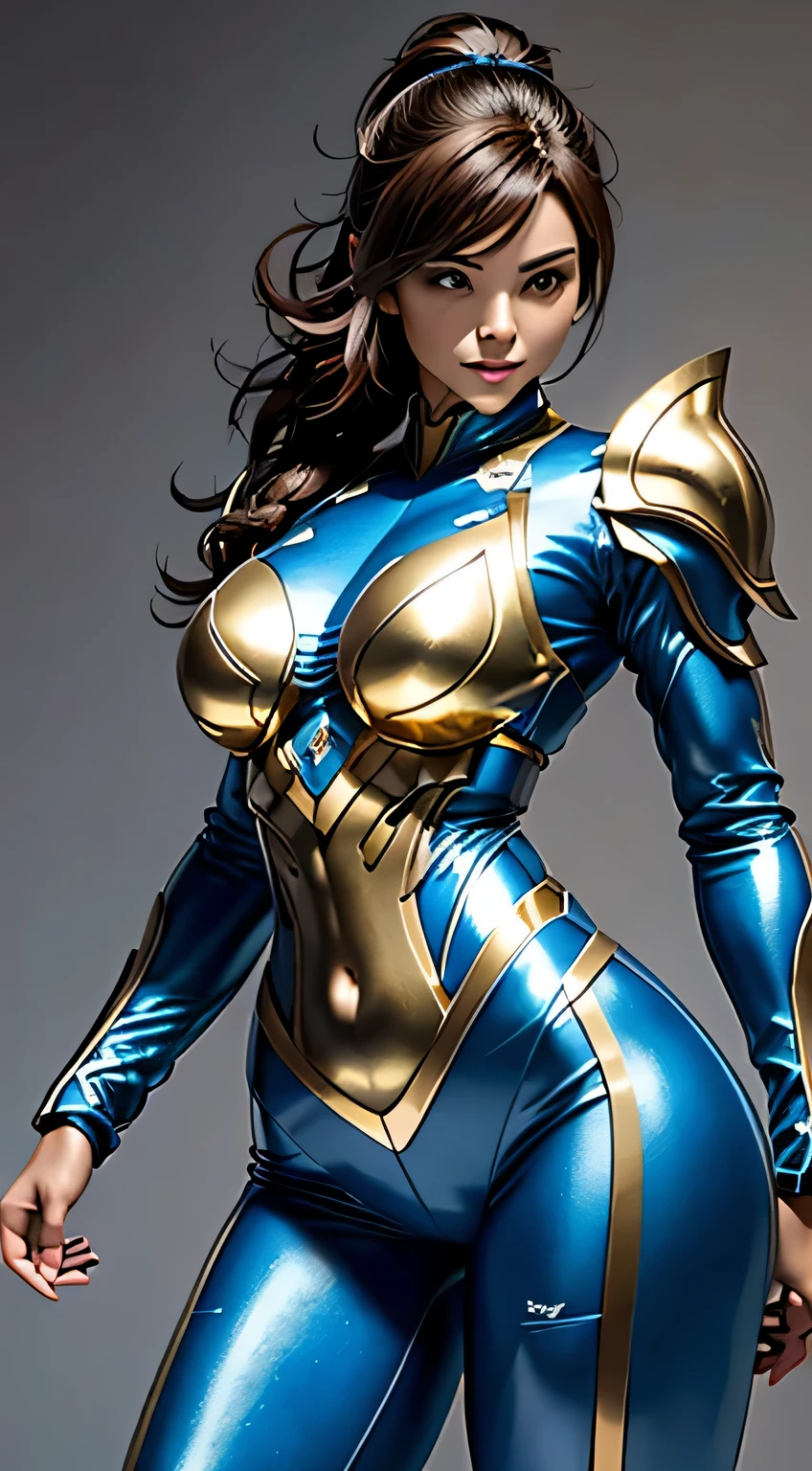 A majestic female warrior stands confidently in a detailed and ornate futuristic armor. Her long, black, wavy hair cascades over her shoulders. The black and cyan futuristic armor finely sculpted with intricate patterns covering her torso, arms, and legs. She wears a golden crown with sharp points, and matching golden earrings. The background features a vibrant orange sky with streaks of light, suggesting a dynamic energy. A futuristic cityscape is visible in the distance, adding to the epic and powerful atmosphere.