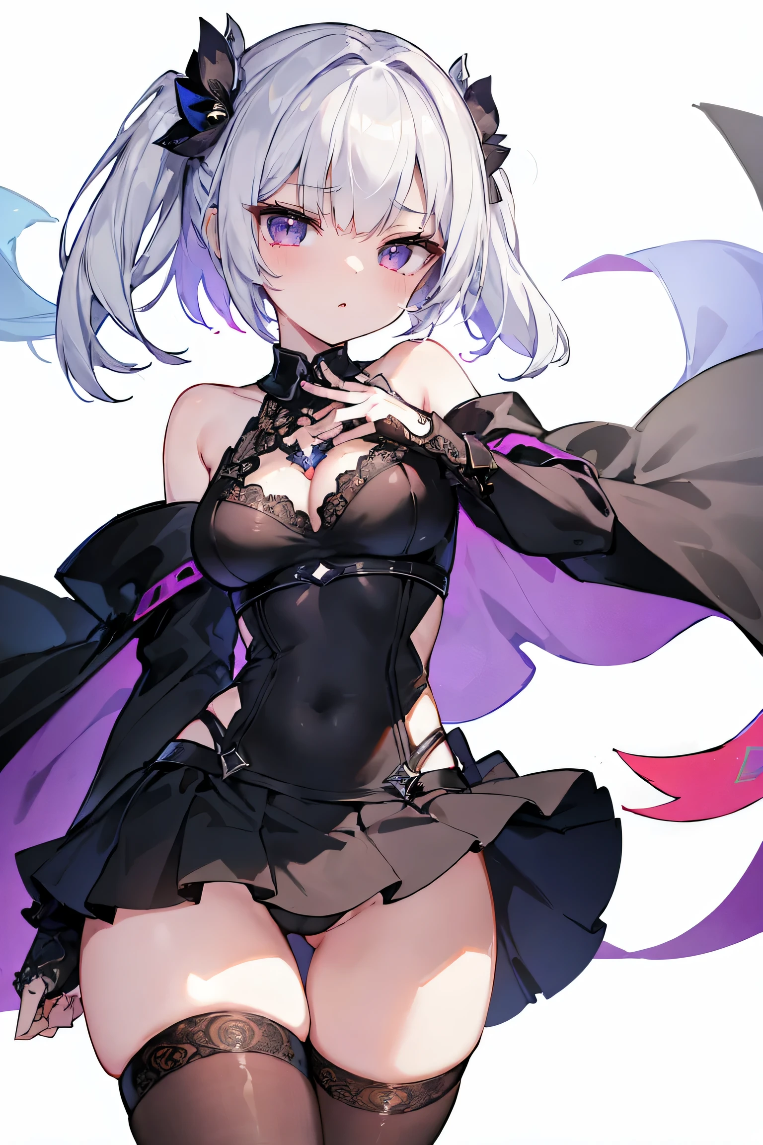 1girl, anime, cute girl, blank background, white background, fantasy, detailed fantasy dress with highlights, beautiful face, beautiful eyes, dark colors, black hair with multicolor streaks, red eye with different color pupil in eye, multicolor eye, medium breasts, slight cleavage, beautiful skin, cute, breast curtains, extremely delicate and beautiful, (beautiful detailed face:1.0), (detailed deep eyes), symmetrical breasts, deep eyes, shiny skin, portrait, slender waist, hips wider than shoulders, thighs, expressionless, young girl, luminous eyes, adorable,(Kpop idol),(aegyo sal:1),(Platinum blonde hair:1),((puffy eye)),Black panty,sexy posture,Superskirt, Ultra-high resolution,Black collar,slim figure, Abdominal y tattoo, womb tattoo,Tight-fitting leg ring,y tattoo on half-body,Bare skin, Armored hand,Hidden fingertips,Hand covered,Arm covered,Fist covered,{{beautiful detailed fingers}}, tufts of hair, moderate beautiful breast:1.0,(masterpiece:1.2), best quality, high-res, HDR, perfect face, intricate armor, delicate blue filigree, intricate filigree, red metalic parts, detailed part, dynamic pose, dynamic lights, cute face, neutral expression