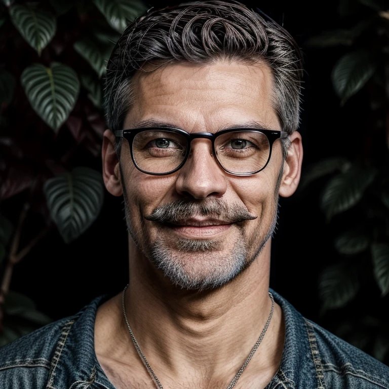 Masterpiece, best, night, full moon, 1male, mature man, man with mustache, glasses, tshirt,silver necklace, brother, royal brother, smile,short hair cut, green pupils, hairpin, hydrangea, delicate face, face close-up.