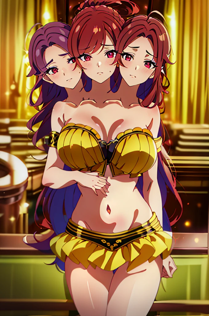 (masterpiece, best quality), best quality, (ultra-detailed), (3heads:1.5), 1girl, (kotohime:1.3), masterpiece, best quality, ultra quality, ultra resolution, ultra detail, purple top, crop top, ((stomach)), midriff, ((groin)), exposed open belly, purple skirt, normal ears, shackles, red hair, very long hair, wavy hair, sidelocks, red eyes, detailed eyes, pupils, parted lips, open belly, sweat, cute, toned belly, hand on own chest, eyelashes, (25 year old woman:1.3), (masterpiece:1.5), (best quality:1.5), (beautiful detailed), extremely detailed CG, extremely delicate and beautiful, depth of field, (finely detailed face), (perfect details:1.2), (mature female:1.3), wide pelvis, slender, large veiny breast, 16k resolution, highres, very high quality, very high definition, extremely detailed, masterpiece, red hair, long hair, alluring presence, braid, short skirt, close up, big tits, young,