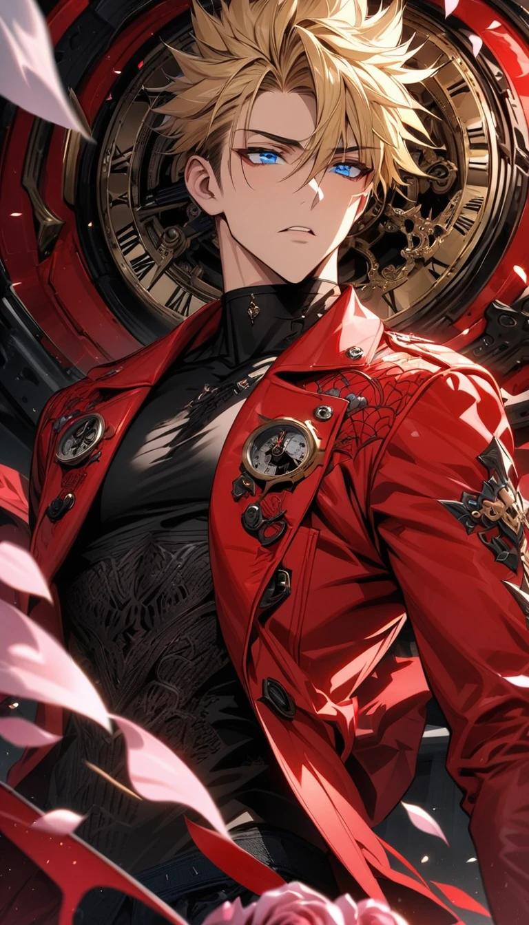 absurdres, highres, ultra detailed, HDR, masterpiece, extremely detailed face and eyes, perfect face, Vash Stampede, blond hair, expressive blue eyes, Trigun, solo, sexy man, handsome, red coat, tight black shirt, patterns, pink roses, petals, in woderland, clock