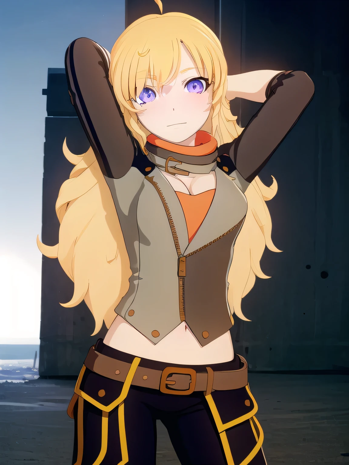 yangxiaolong, yang xiao long, long hair, blonde hair, (purple eyes:1.1), ahoge, bangs,
BREAK cleavage, jacket, belt, mechanical arms, single mechanical arm, prosthesis, prosthetic arm,
BREAK outdoors, contrapposto, spread armpit, arms behind head, smile,
BREAK looking at viewer, (cowboy shot:1.5),
BREAK (masterpiece:1.2), best quality, high resolution, unity 8k wallpaper, (illustration:0.8), (beautiful detailed eyes:1.6), extremely detailed face, perfect lighting, extremely detailed CG, (perfect hands, perfect anatomy),