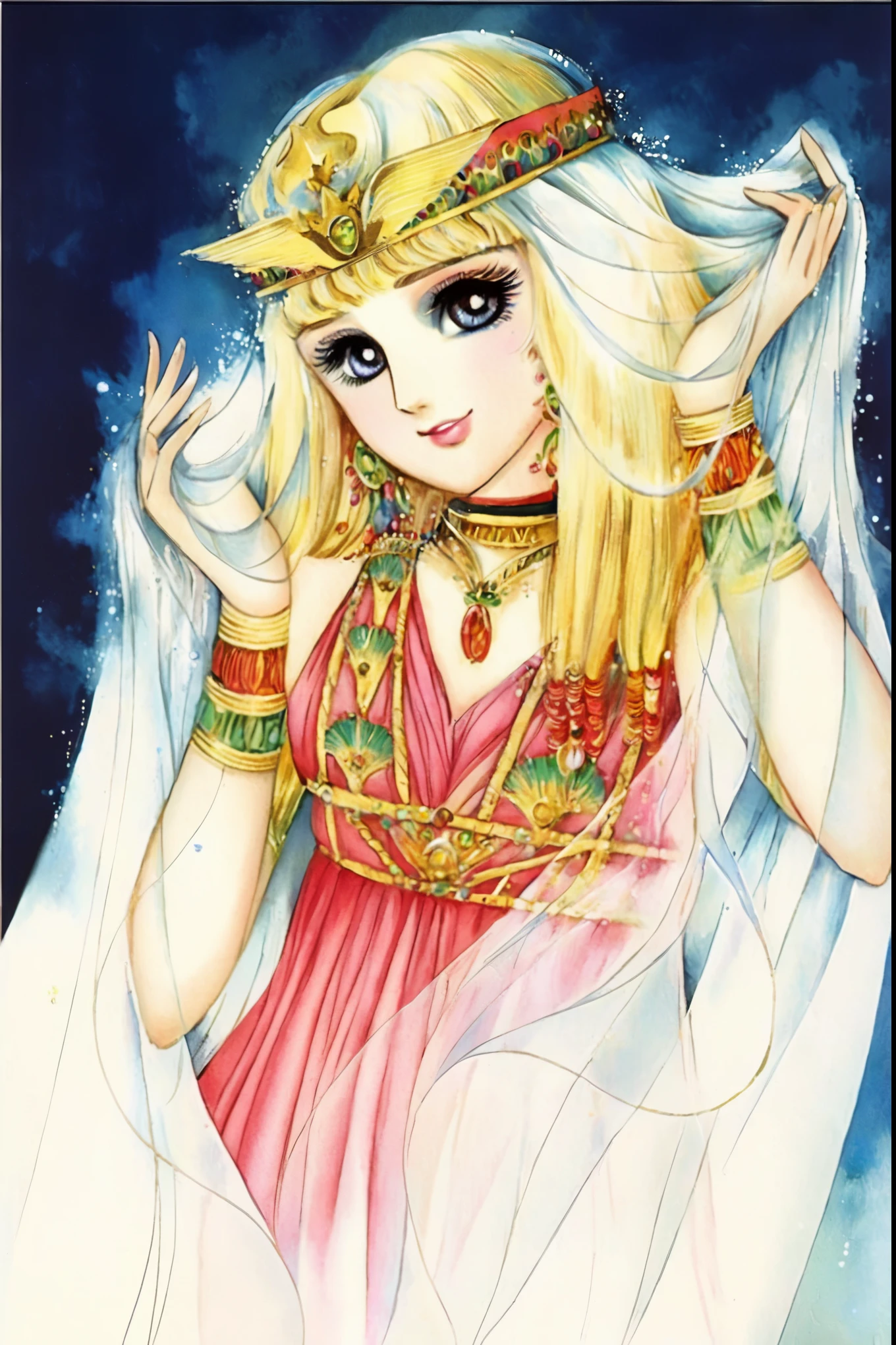 A painting of a woman wearing a pink dress,Wearing a golden crown, Sailor Galaxy. fair, anime goddess, Princess Libu, Greek goddess Aphrodite, Goddess Artemis smiled, Anime Princess, Portrait of zodiac girl knight, ((a fair fantasy empress)), Beautiful Leo goddess, Goddess of love and peace, goddess in greek mythology