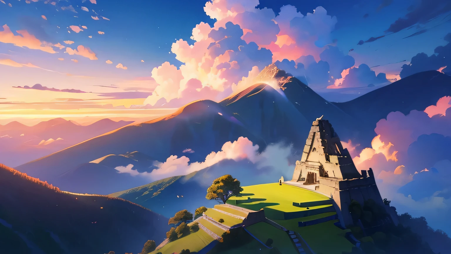 Mexican altar floating in the sky,Machu Picchu in the sky、((Aerial ruins))、The background is glowing clouds,Ancient ruins,countryside, Field, Flowers, beautiful girl in peasant dress through Field, ((Mexican altar)), A girl's back is 30 meters away,masterpiece, highest quality, Sharp focus, Intricate details, perfection, Golden ratio composition, 8k resolution, High resolution, beautiful, beautiful sky, Vibrant pastel colors, Bright colors