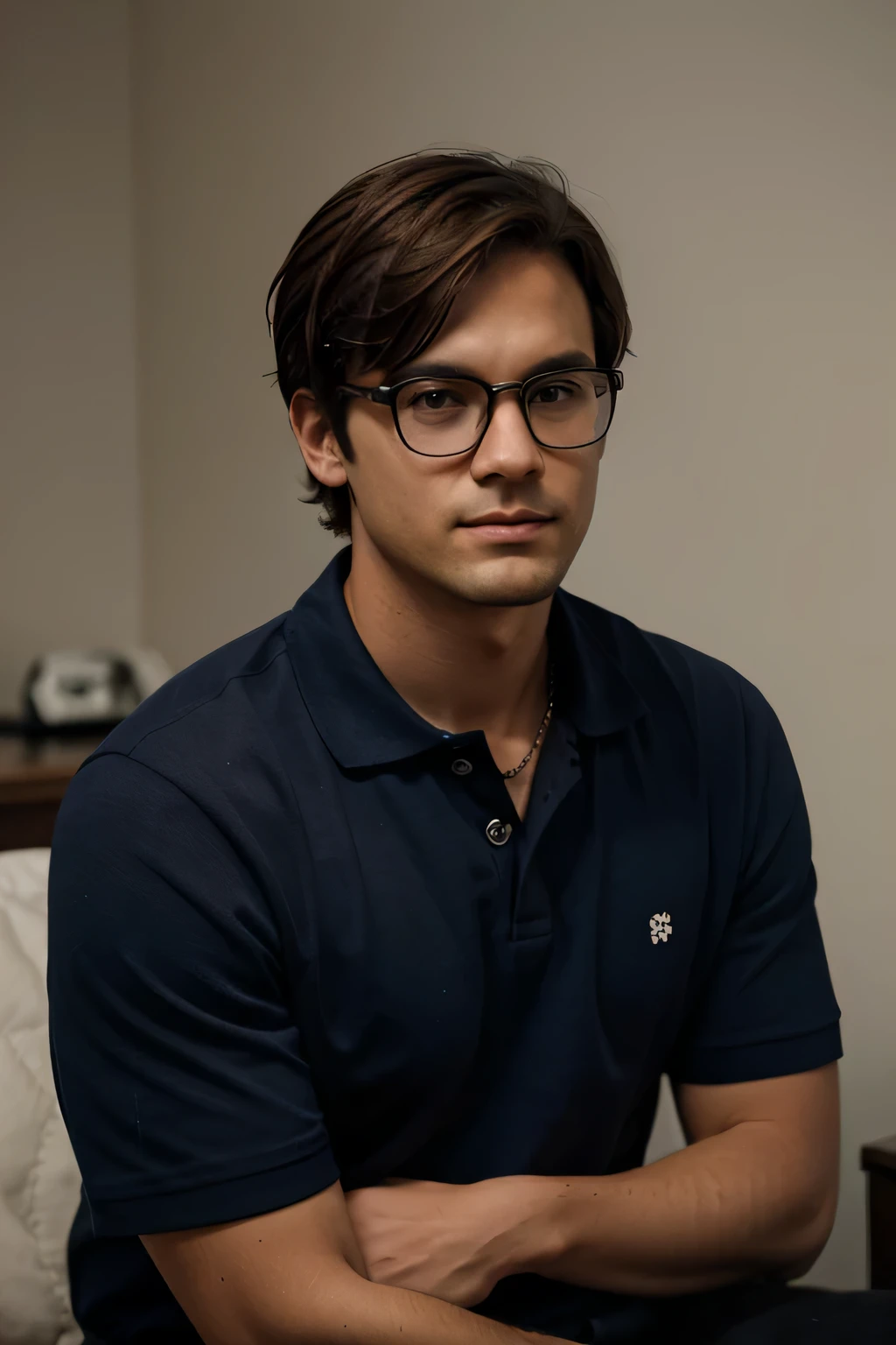 a photo of a late 20's man with short brown hair and glasses. the photo should be from chest up and he should be wearing a navy blue polo shirt. also visible is a small cross around his neck