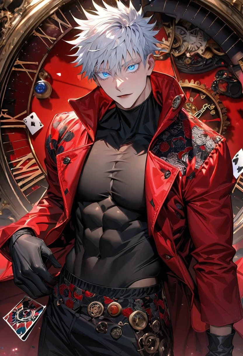 Ultra detailed, highres, absurdres, HDR, Gojou Satoru, white hair with bangs, blue eyes, white eyelashes, Jujutsu Kaisen, red long coat, black tight shirt with patterns, clock, gear, in wonderland, heart cards, sexy man, solo, handsome, very detailed face and eyes, toned chest, black pants, black gloves,