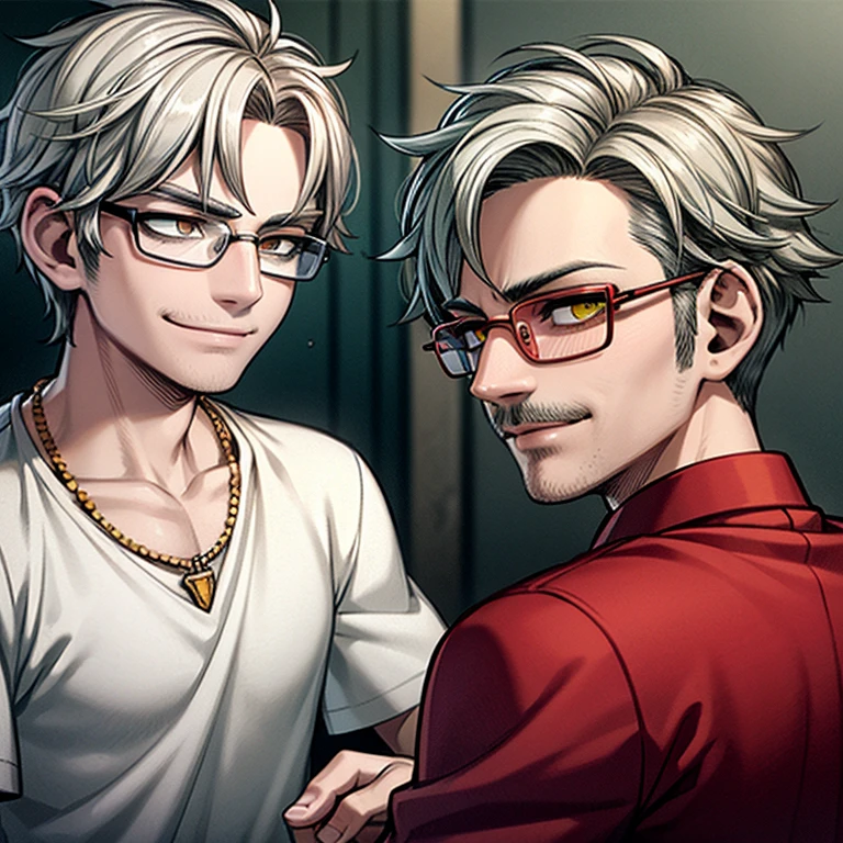 Masterpiece, best, 1male, mature man, man with mustache, glasses, tshirt,silver necklace, brother, royal brother, smile,short hair cut, green pupils, hairpin, hydrangea, delicate face, face close-up, red jacket.