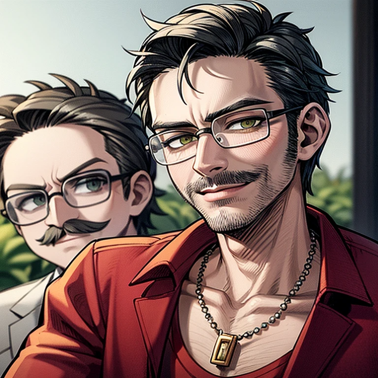 Masterpiece, best, 1male, mature man, man with mustache, glasses, tshirt,silver necklace, brother, royal brother, smile,short hair cut, green pupils, hairpin, hydrangea, delicate face, face close-up, red jacket.