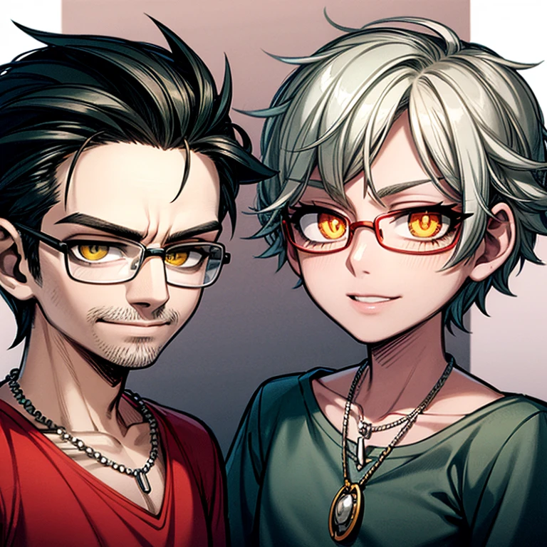 Masterpiece, best, 1male, mature man, man with mustache, glasses, tshirt,silver necklace, brother, royal brother, smile,short hair cut, green pupils, hairpin, hydrangea, delicate face, face close-up, red jacket.