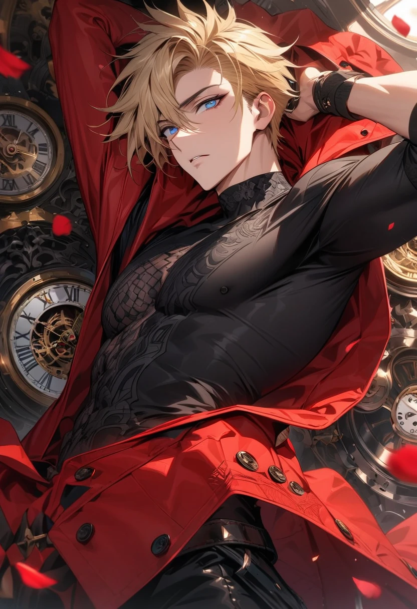 absurdres, highres, ultra detailed, HDR, masterpiece, extremely detailed face and eyes, perfect face, Vash Stampede, blond hair, expressive blue eyes, Trigun, solo, sexy man, handsome, red coat, tight black shirt, patterns, pink roses, petals, in woderland, clock