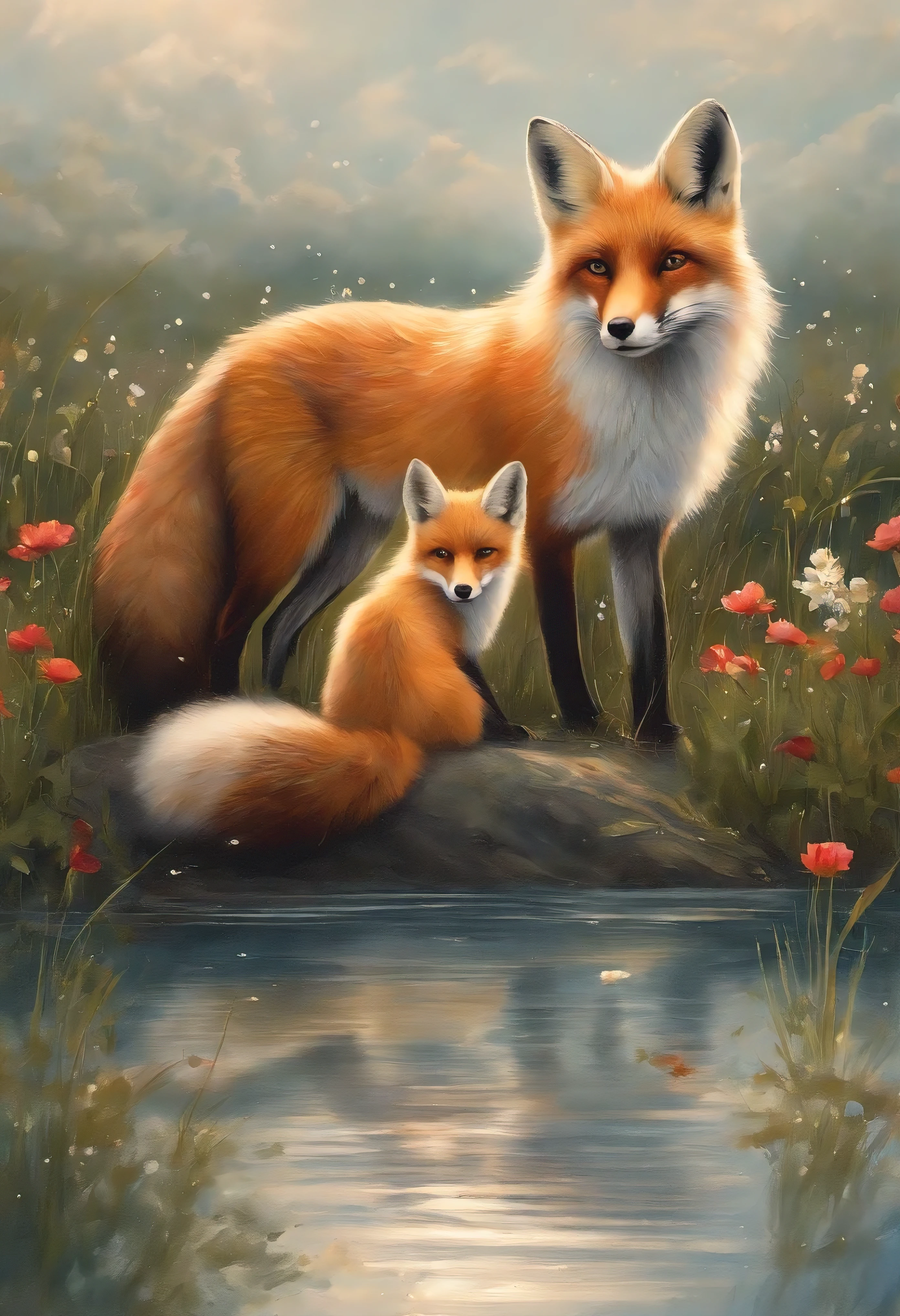 A beautiful white and red fox with four tails in a flower meadow looks into the starry sky with splashes of glowing water.,Magnetic storms, night, starry sea sky,  Beautiful white and red fox with four tails in the starry sky, Jean-Baptiste Monge, anthropomorphic --ar 2:3 --testp - optimistic;  straight hair