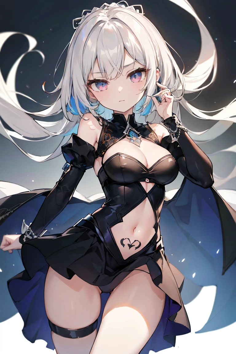 1girl, anime, cute girl, blank background, white background, fantasy, detailed fantasy dress with highlights, beautiful face, beautiful eyes, dark colors, black hair with multicolor streaks, red eye with different color pupil in eye, multicolor eye, medium breasts, slight cleavage, beautiful skin, cute, breast curtains, extremely delicate and beautiful, (beautiful detailed face:1.0), (detailed deep eyes), symmetrical breasts, deep eyes, shiny skin, portrait, slender waist, hips wider than shoulders, thighs, expressionless, young girl, luminous eyes, adorable，（Kpop idol）,（aegyo sal：1），（Platinum blonde hair：1），（（puffy eye）），Black panty，sexy posture，Superskirt, Ultra-high resolution，Black collar，slim figure, Abdominal y tattoo, womb tattoo，Tight-fitting leg ring，y tattoo on half-body，Bare skin, Armored hand，Hidden fingertips，Hand covered，Arm covered，Fist covered,{{beautiful detailed fingers}}, tufts of hair, moderate beautiful breast:1.0,(masterpiece:1.2), best quality, high-res, HDR, perfect face, intricate armor, delicate blue filigree, intricate filigree, red metalic parts, detailed part, dynamic pose, dynamic lights, cute face, neutral expression