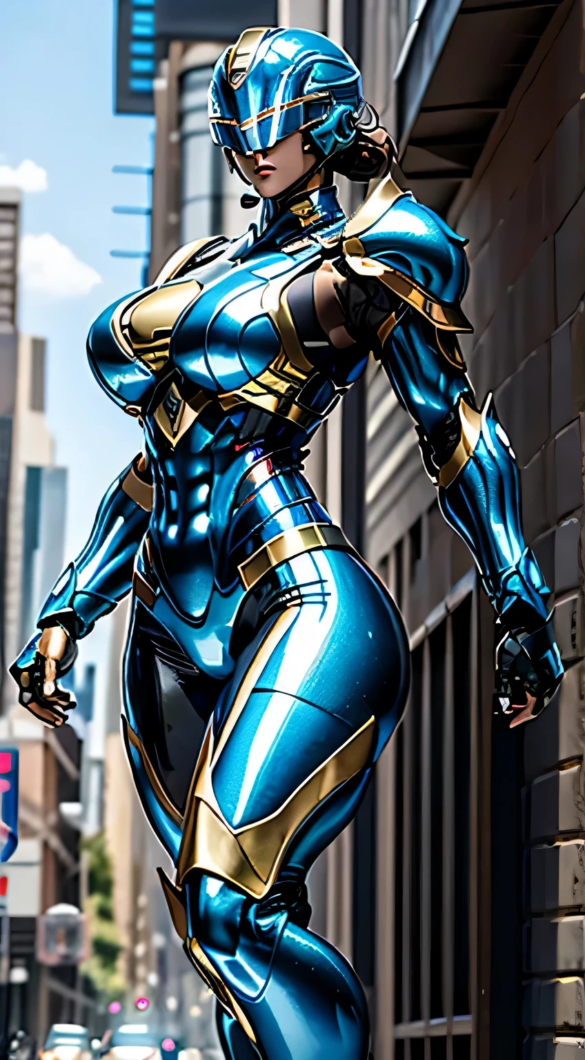 Female Robocop Solo、Bright outdoors、strong light source、8K, high quality, masterpiece, 最high quality、very detailed、Armor that completely covers the whole body、very large armor、Helmet covering the head、clear pictures、The eyes are hidden by thin, straight goggles:1.3、The lower half of the face is raw:1.5、Face exposed from nose down:5.0、Luscious lips、Fluorescent blue metallic armor with thin gold lines、Armor that completely covers the chest、Long, slender legs、Vibrant posel body view,Big and ample breasts:1.5, (Sports Body:1.5)、Five Fingers、Photos in the city