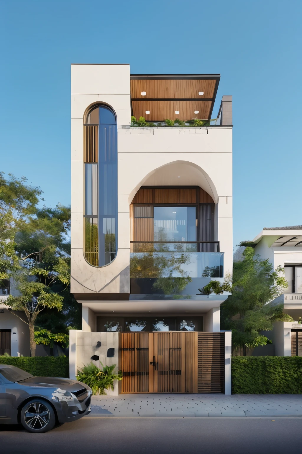 Raw photo,Masterpiece, high quality, best quality, authentic, super detail,
exterior, outdoors, house style modern on the street , curved arch, glass windows, gate, wooden ceiling,
road,pavement, grass, trees, sky, cloud, (day:1.1), vivid colour. Thu sun, blue