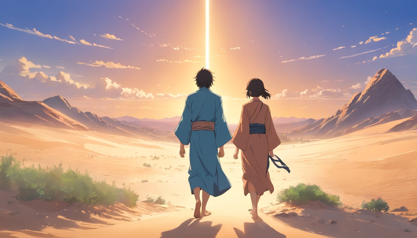 Create an image of Jesus Christ, black beard, walking with his disciples in desert. The style of the image should be in a line drawing, reminiscent of Japanese anime, with large eyes and detailed, beautiful scenery. Jesus should have a serene and tranquil expression on his face. Capture the atmosphere of ancient Jerusalem while infusing it with the unique aesthetic of anime art, paying attention to intricate details and emotive expressions. 