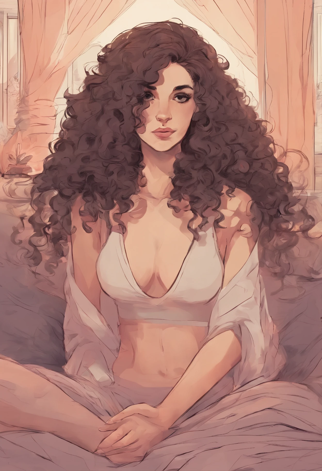 Tender and thin trans girl with a medium penis. brunette with big curly hair. masturbating at home