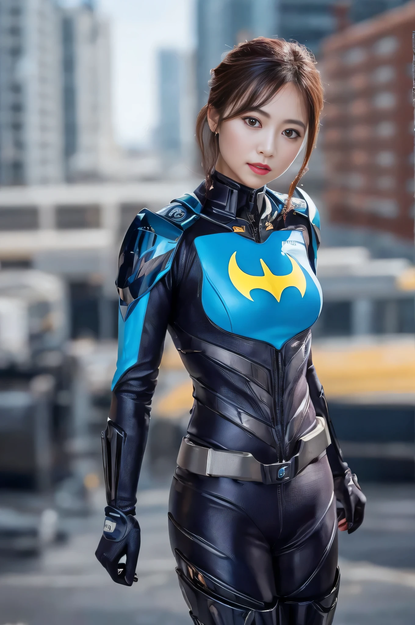 Best image quality, high resolution, 8k, realistic and sharp focus, 1girl, full body shot, front facing, elegant woman, long curly hair, brown hair, brown even eyes, blue-purple in high-tech cyberpunk style Batwoman wearing suit, glowing, glow effect, glowing suit, mecha, fully customized high-tech suit, flame theme, custom design, mecha, (white skin), Venus body, modern city and historical city coexist The capital, the roof of a building, (depth field: 1.3), (((blur))),