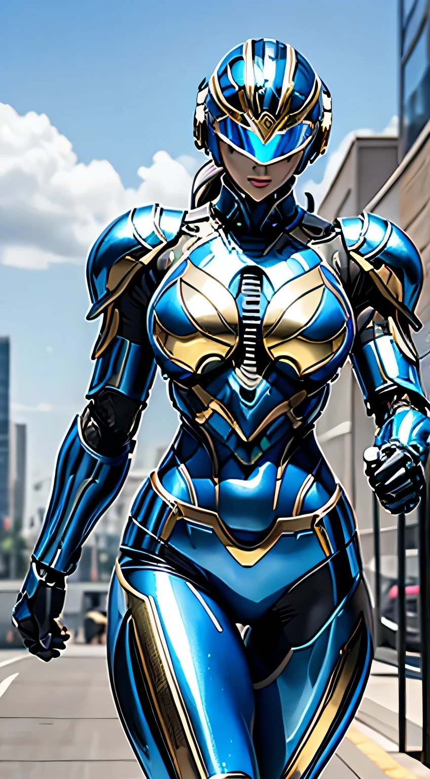 Female Robocop Solo、Bright outdoors、strong light source、8K, high quality, masterpiece, 最high quality、very detailed、Armor that completely covers the whole body、very large armor、Helmet covering the head、clear pictures、The eyes are hidden by thin, straight goggles:1.3、The lower half of the face is raw:1.5、Face exposed from nose down:5.0、Luscious lips、Fluorescent blue metallic armor with thin gold lines、Armor that completely covers the chest、Long, slender legs、Vibrant posel body view,Big and ample breasts:1.5, (Sports Body:1.5)、Five Fingers、Photos in the city