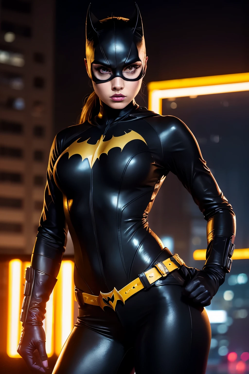 RAW, Best quality, high resolution, Masterpiece: 1.6), Exciting rooftop showdown: Batgirl vs Catwoman (iu:1.2),
Best quality, high resolution, Masterpiece: 1.6, Thrilling Rooftop Battle: Batgirl vs Catwoman,
Masterpiece, Suspenseful, Dynamic, 2 Characters, Detailed costumes,
High-definition, Batgirl in yellow bodysuit, Catwoman in sleek black cat suit,
Detailed facial expressions, Batgirl focused, determined, Catwoman cunning, sly,
Realistic animations, Batgirl acrobatically leaping, Catwoman agile