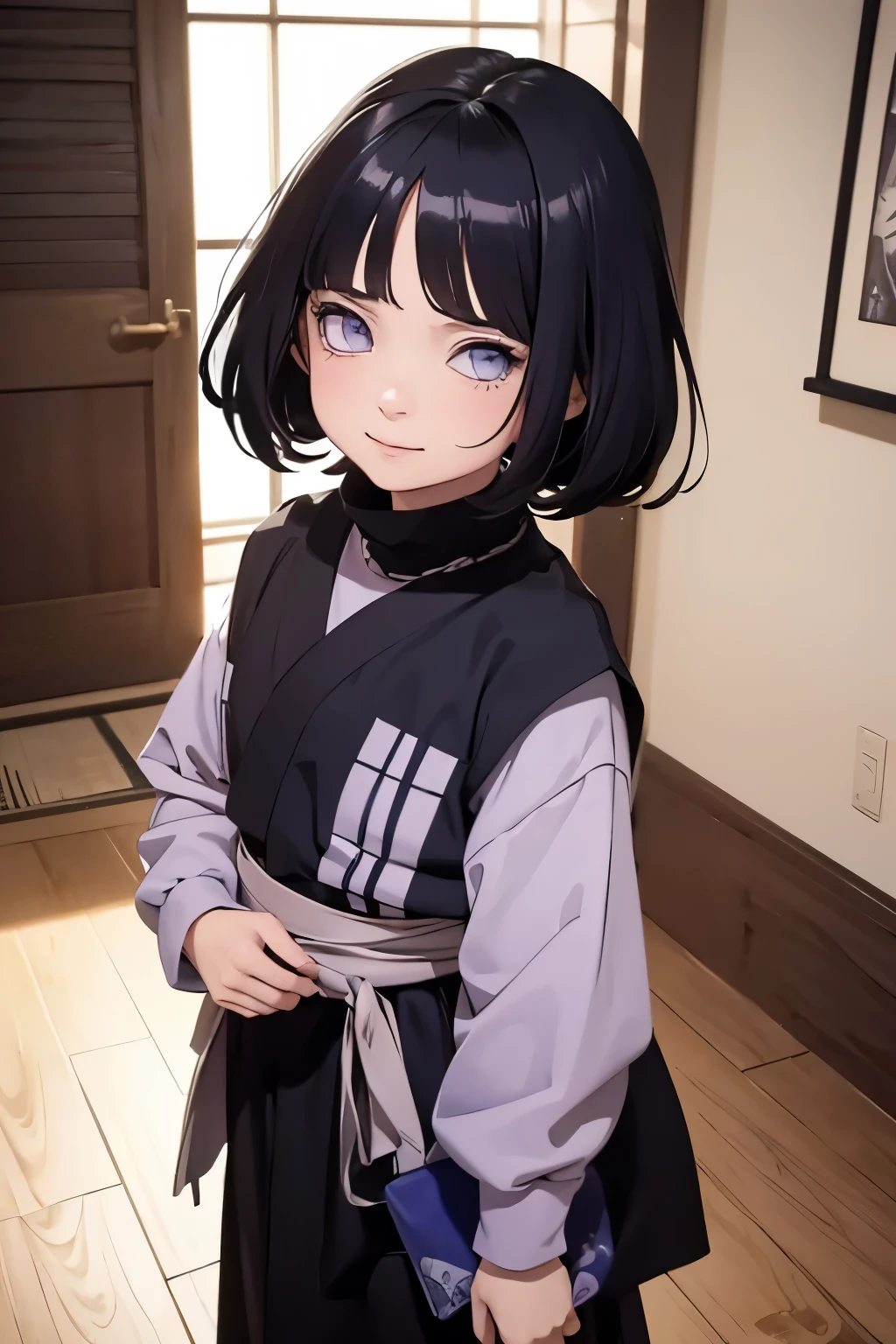 2d, _todler_, {{6 years old}}, RPG character in Naruto alternative universe by Masashi Kishimoto, specially in hyuga clan; Appearance base is Wraith from Apex Legends, with byakugan-soft lilac eyes, kind and soft expression making her look swwet; joyfull, short and dark hair (with shades of dark blue); artwork in modern Japanese animation style, 8k high definition quality, masterpiece, {{high detailed eyes}}, grain filter, high resolution, extremely detailed, portrait, Anatomically accurate, girly reddish cheeks; (highest quality:1.3), {{dutch angle}}, {{smiling todler}}, {{inocent}} ((byakugan)), ((child))