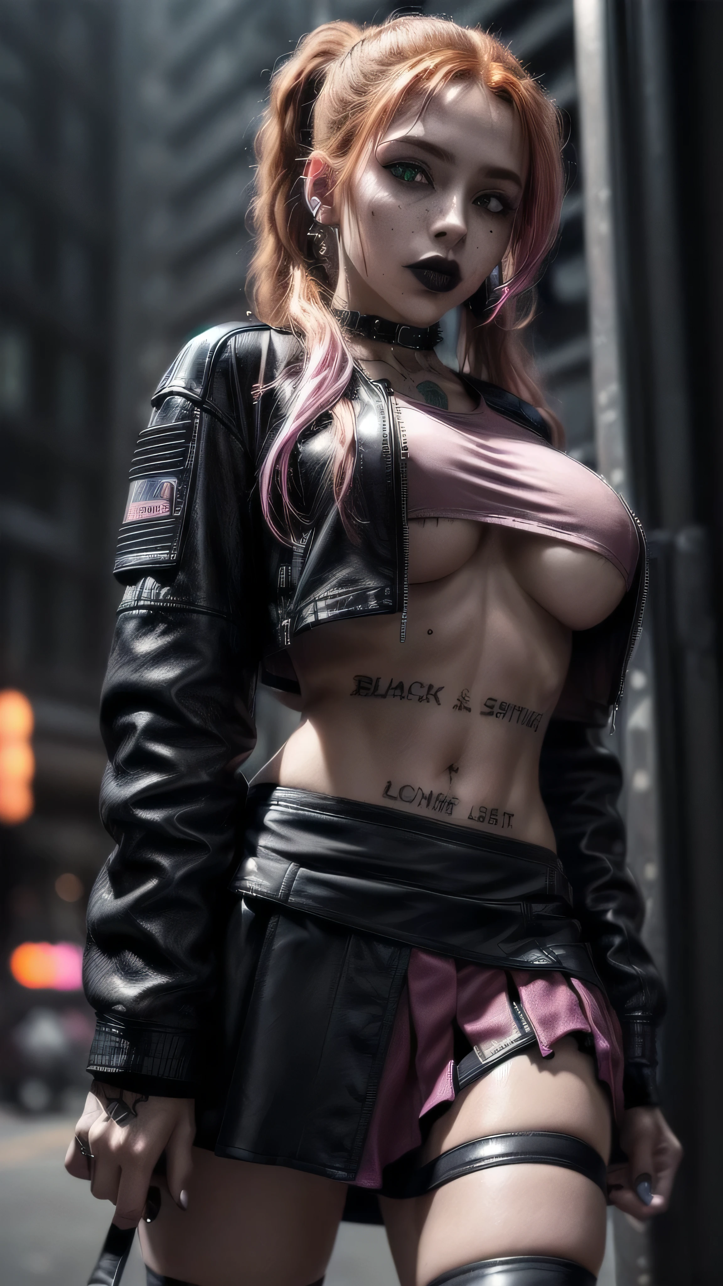 (masterpiece), (extremely intricate:1.3), (realistic), female, 19 years old, ((([small breasts:large breasts:0.8], long curly [blonde hair:bright ginger hair:0.5], ponytail, solo, 1girl, (aroused expression, black lipstick, (athletic, cyberpunk street))))), metal reflections, outdoor, intense sunlight, golden hour, professional photograph of a stunning girl detailed, sharp focus, dramatic, award winning, cinematic lighting, volumetrics dtx, (film grain, blurry background, blurry foreground, bokeh, depth of field, interaction), 8K, ((smirking, green eyes, (((dark eye makeup), looking down)))), (freckles: 0.9), ((body tattoo: 1.2)), ((fujicolor, god rays)) BREAK; BREAK (((((black leather jacket, short leather skirt, loose pink t-shirt, (underboob))), hyperrealistic, absurdres)))