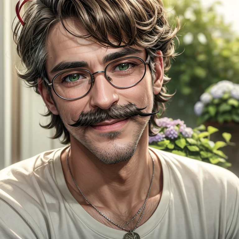 Masterpiece, best, 1male, mature man, man with mustache, glasses, tshirt,silver necklace, royal brother, smile,short hair cut, green pupils, hairpin, hydrangea, delicate face, face close-up, red jacket.