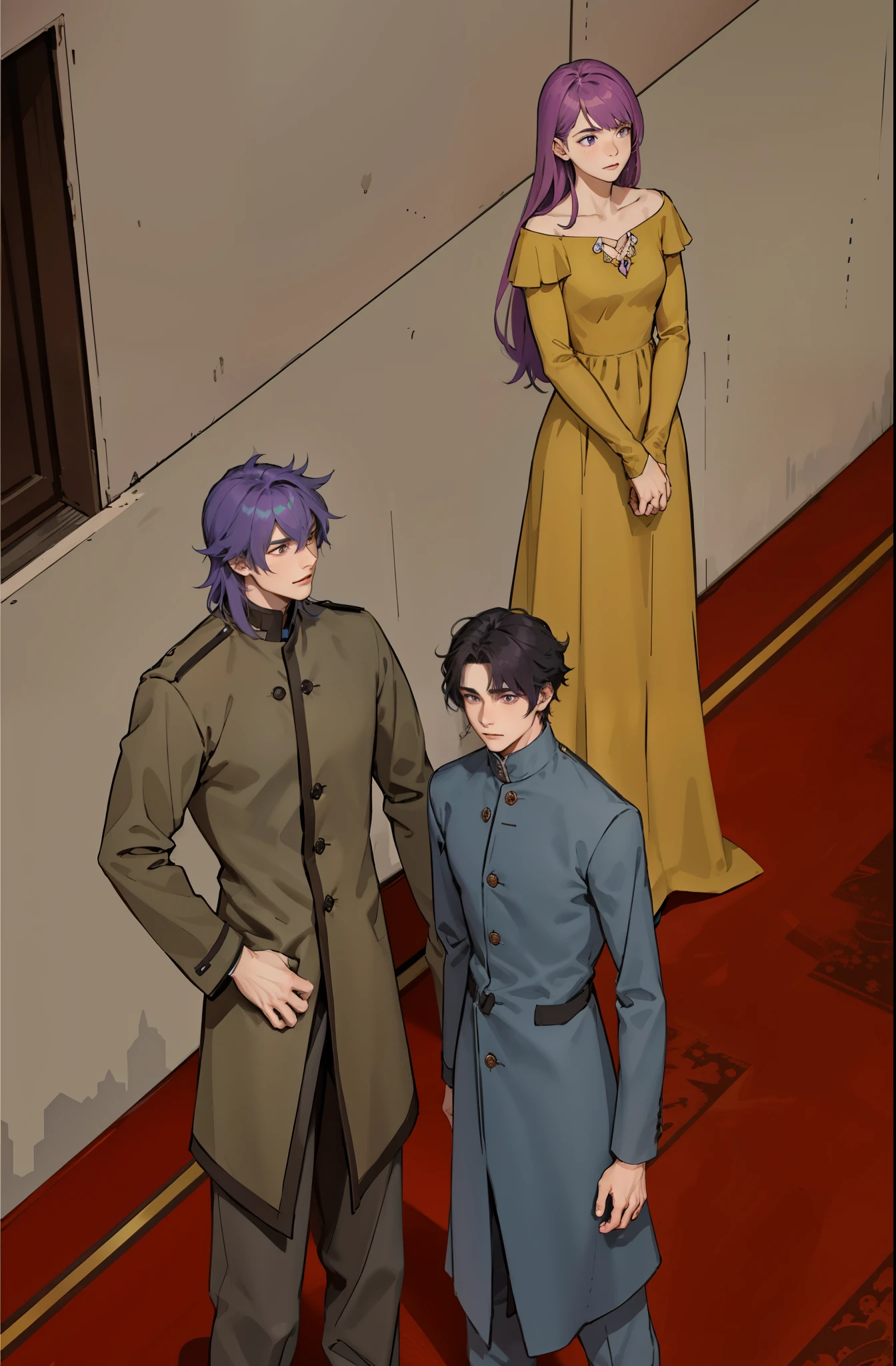 There are two men and a woman in a palace, teens with purple hair, they are 16 years old.