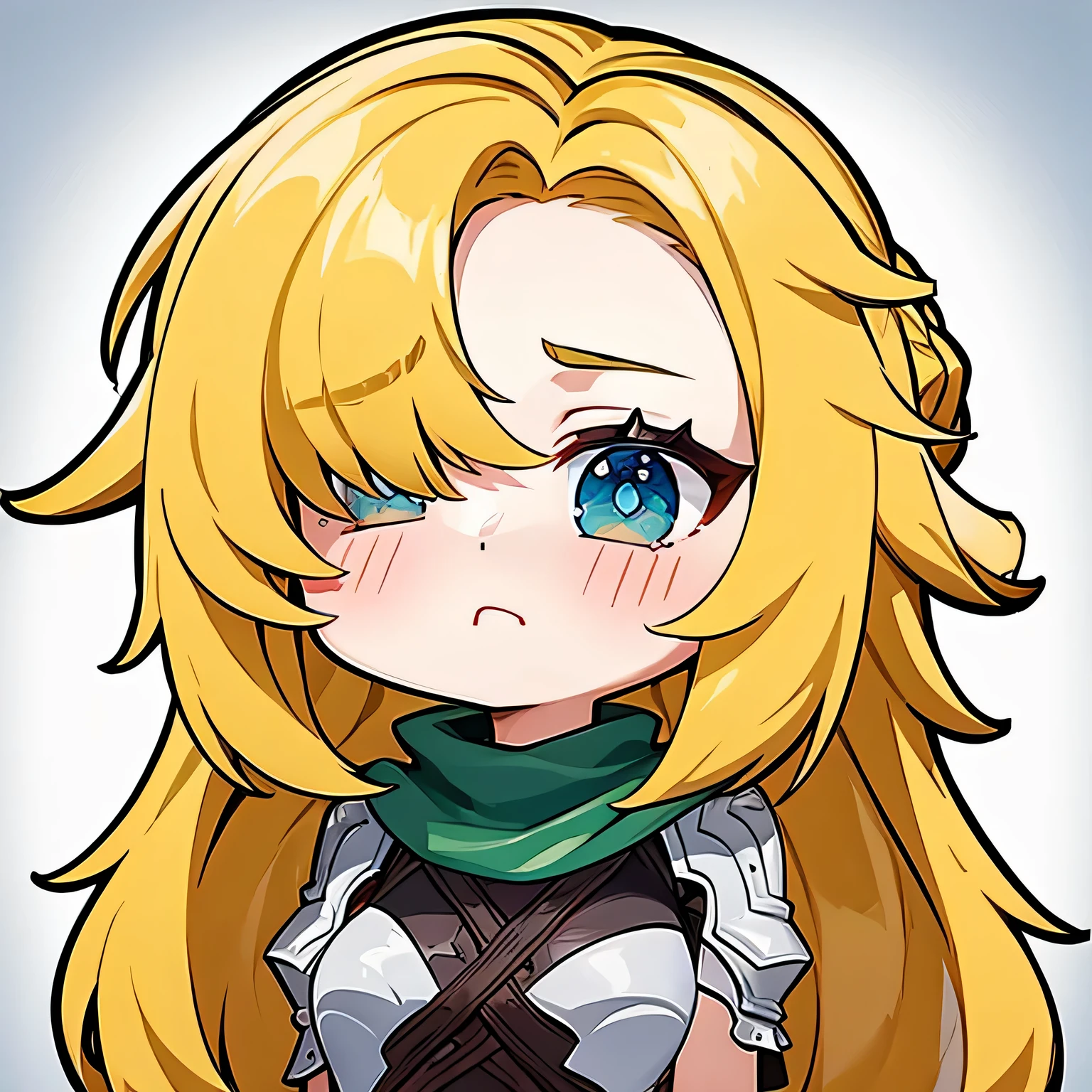 1girl, future princess guardian tales, yellow hair, short hair, hair band, bangs, hair over one eye, one eye covered, blue eyes, upper body, green scarf, light frown, pout, light blush, chibi, chibi emote