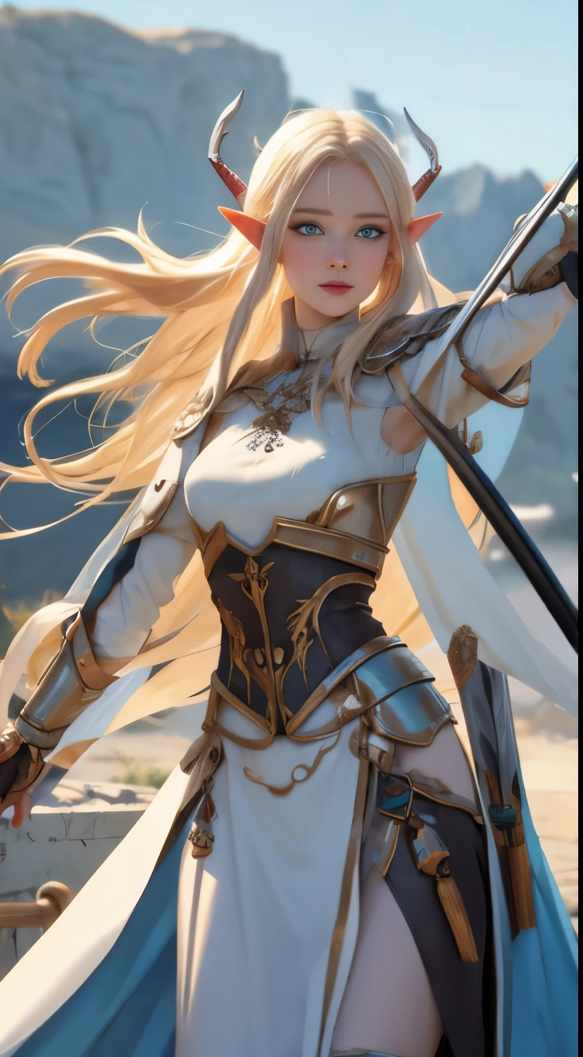 1 female elf, long blond hair, elf ears, light blue eyes, thin lips, round face, huge covered breasts, wide hips, wearing archer's clothes with a quiver on her back full of arrows, fierce look, daggers in her hands ready to attack, arrogant look, sfw