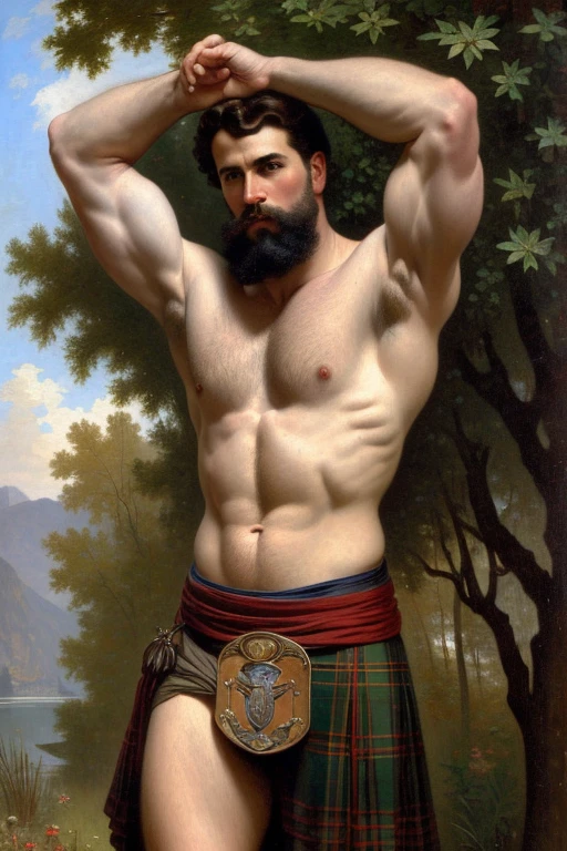 A full body portrait of an extremely strong and handsome 40s years old man wearing only a short kilt, strong arms and nude chest, highly detailed painting, portrait, artwork by William-Adolphe Bouguereau, tom of finland, Gaston Bussiere, Alphonse Mucha, ethereal, poetic pastoral