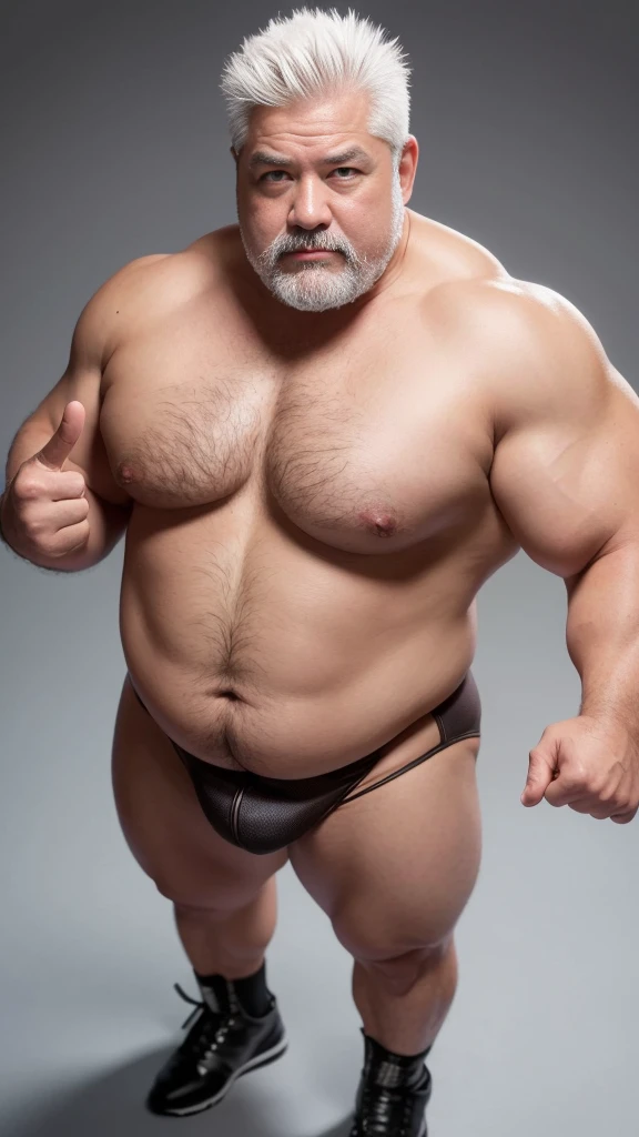 white hair, old man, individual, male, Muscular wrestler, muscular, Stout wrestler, Asian, Japanese, uncle, 55 year old middle-aged man, short hair, short hair, red wrestling boots, full body portrait, shadow, Vision, red briefs, obesity, 45 years old, short beard, middle-aged man, tattoo, fingerless gloves, Wheat skin, shiny skin, dark skin, Show your pectoral muscles, sumo wrestler, bodybuilder, wide temples, Visible abdominal muscles, Smile, Fine hands, solid color background, pure white background, Surrealism, Panorama, 8k, super detail,