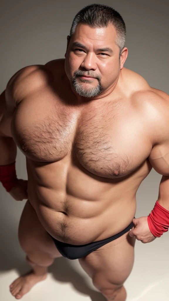 white hair, old man, individual, male, Muscular wrestler, muscular, Stout wrestler, Asian, Japanese, uncle, 55 year old middle-aged man, short hair, short hair, red wrestling boots, full body portrait, shadow, Vision, red briefs, obesity, 45 years old, short beard, middle-aged man, tattoo, fingerless gloves, Wheat skin, shiny skin, dark skin, Show your pectoral muscles, sumo wrestler, bodybuilder, wide temples, Visible abdominal muscles, Smile, Fine hands, solid color background, pure white background, Surrealism, Panorama, 8k, super detail，