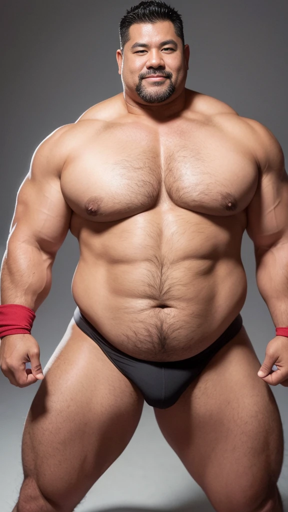 black hair, middle-aged man, individual, male, Muscular wrestler, muscular, Stout wrestler, Asian, Japanese, uncle, 55 year old middle-aged man, short hair, short hair, red wrestling boots, full body portrait, shadow, Vision, red briefs, obesity, 45 years old, short beard, middle-aged man, tattoo, fingerless gloves, Wheat skin, shiny skin, dark skin, Show your pectoral muscles, sumo wrestler, bodybuilder, wide temples, Visible abdominal muscles, Smile, Fine hands, solid color background, pure white background, Surrealism, Panorama, 8k, super detail，